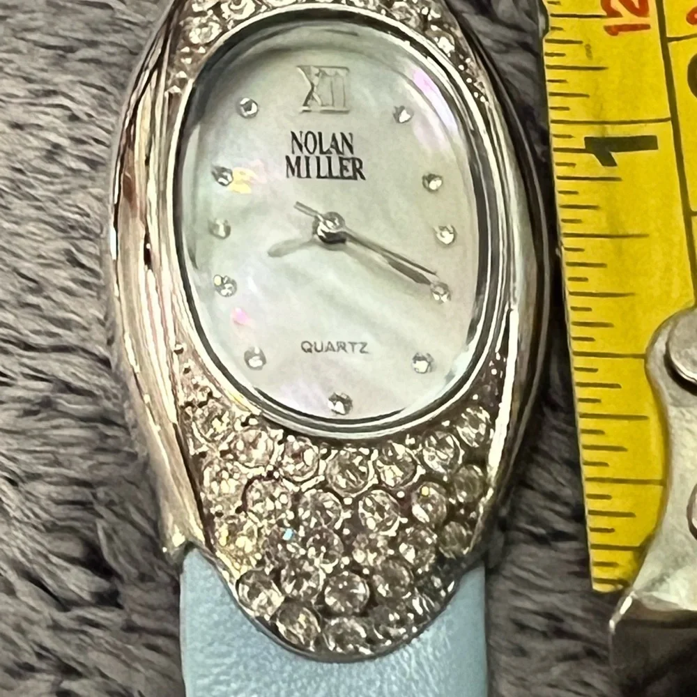 Nolan Miller Vintage Rhinestone Encrusted Bezel Light Blue Leather Band Watch